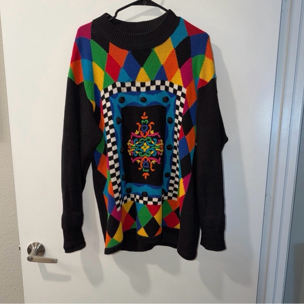 Vtg Angenie Size M Black Ribbed Colorful Argyle Pattern Floral Design Sweater